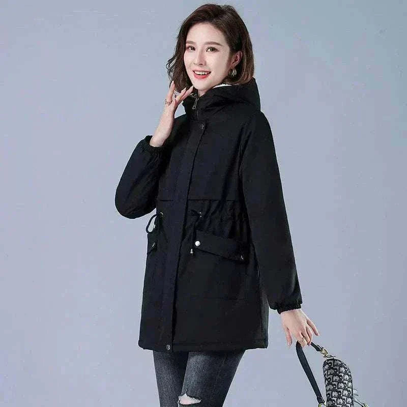 Women Winter Jackets Front Side  in cotton fabric in Black with Lining Plush Hooded
