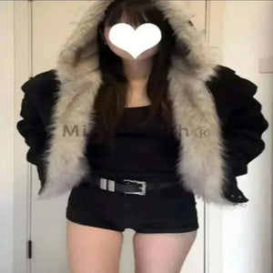  Women Winter New Black Elegant Liner with Fur Loose Coat front view, Winter Coats For Women