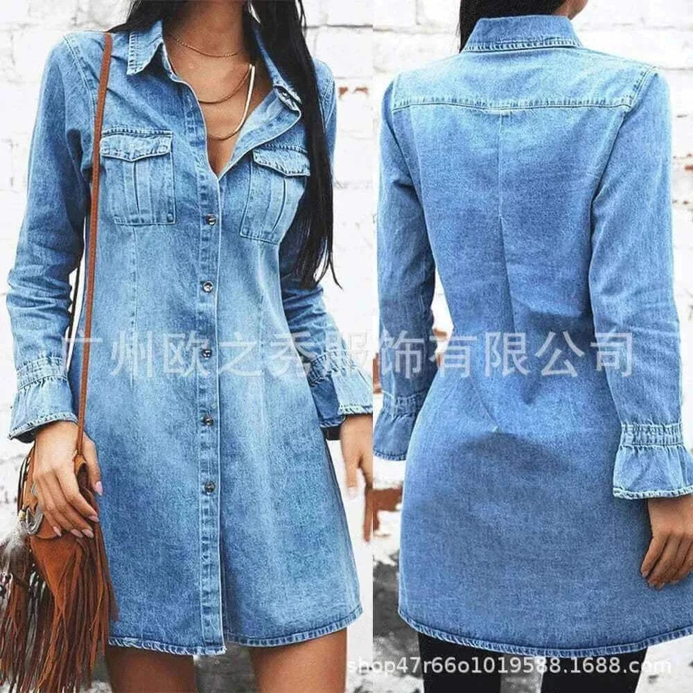 Informal Dresses - Women Denim Dress Long Sleeve Single.