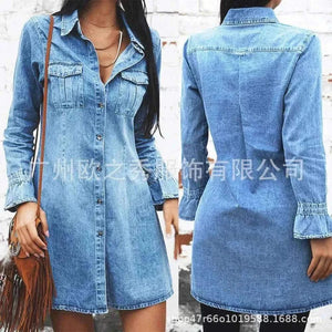 Informal Dresses - Women Denim Dress Long Sleeve Single.