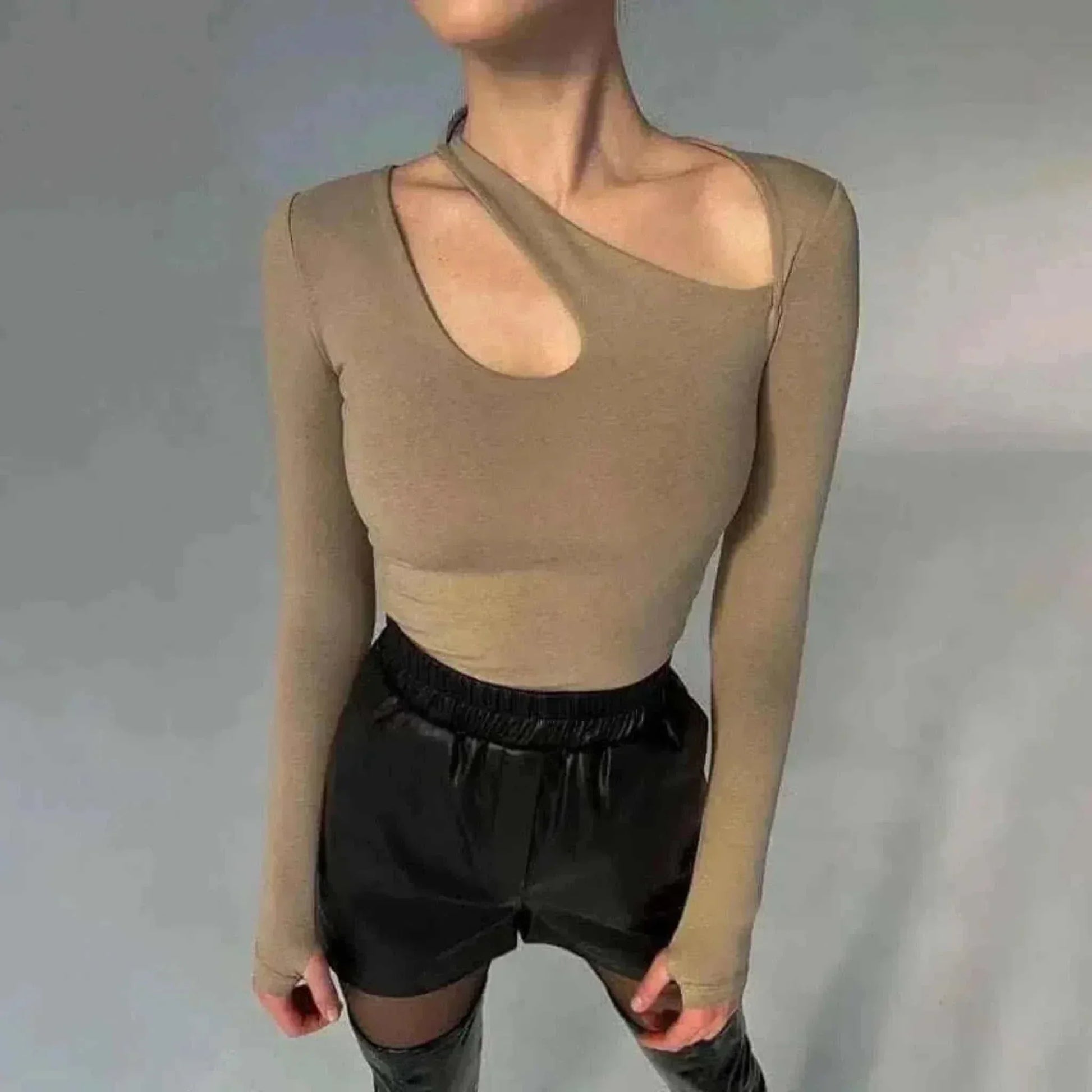 Women Hollowing Irregularity Body Korean Cotton Khaki Top