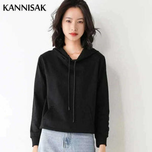 Women Black Hoodies 100% Cotton Spring Autumn Loose Long Sleeve.