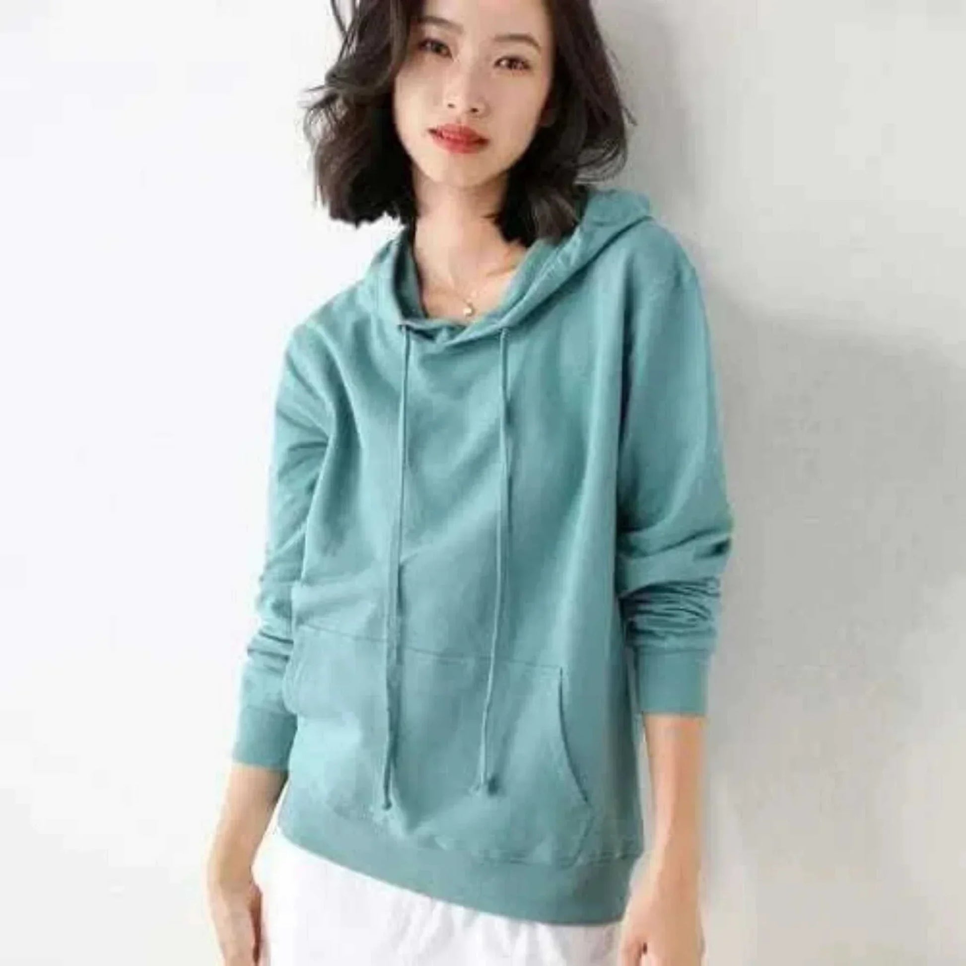 Women Turquoise Hoodies 100% Cotton Spring Autumn Loose Long Sleeve.