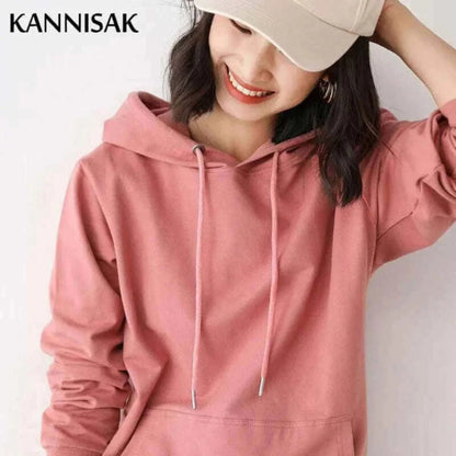 Women Pink Hoodies 100% Cotton Spring Autumn Loose Long Sleeve.