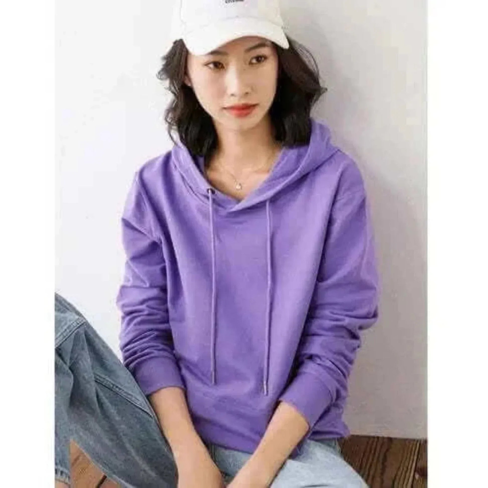 Women Purple Hoodies 100% Cotton Spring Autumn Loose Long Sleeve.
