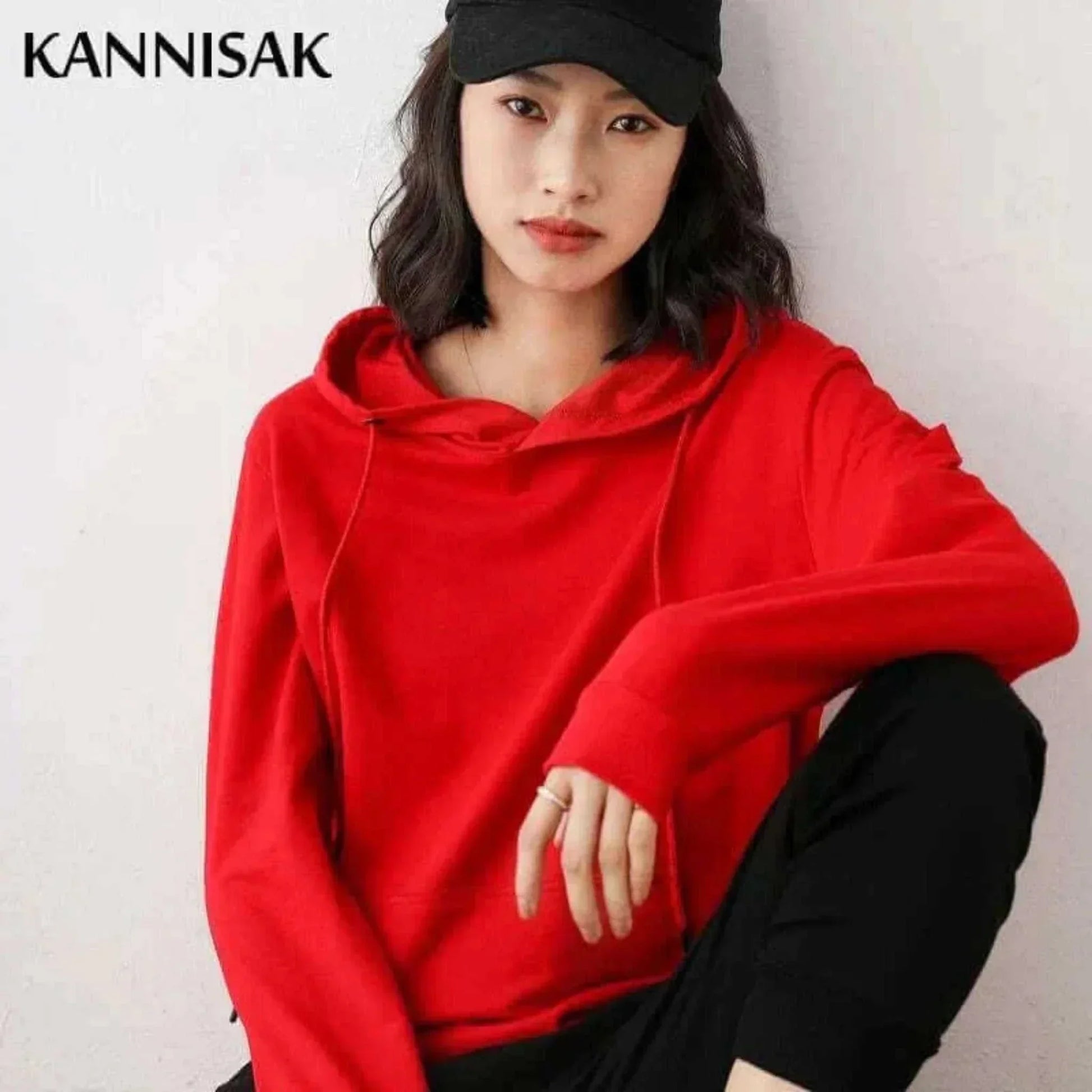 Women Red Hoodies 100% Cotton Spring Autumn Loose Long Sleeve.