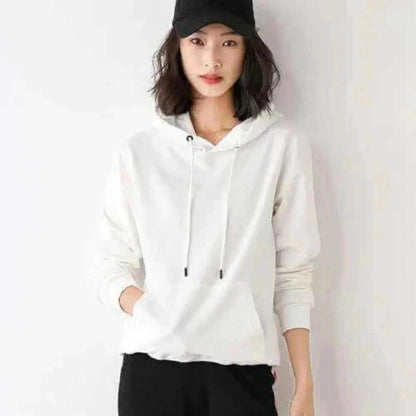Women Wearing White Hoodies 100% Cotton Spring Autumn Loose Long Sleeve.
