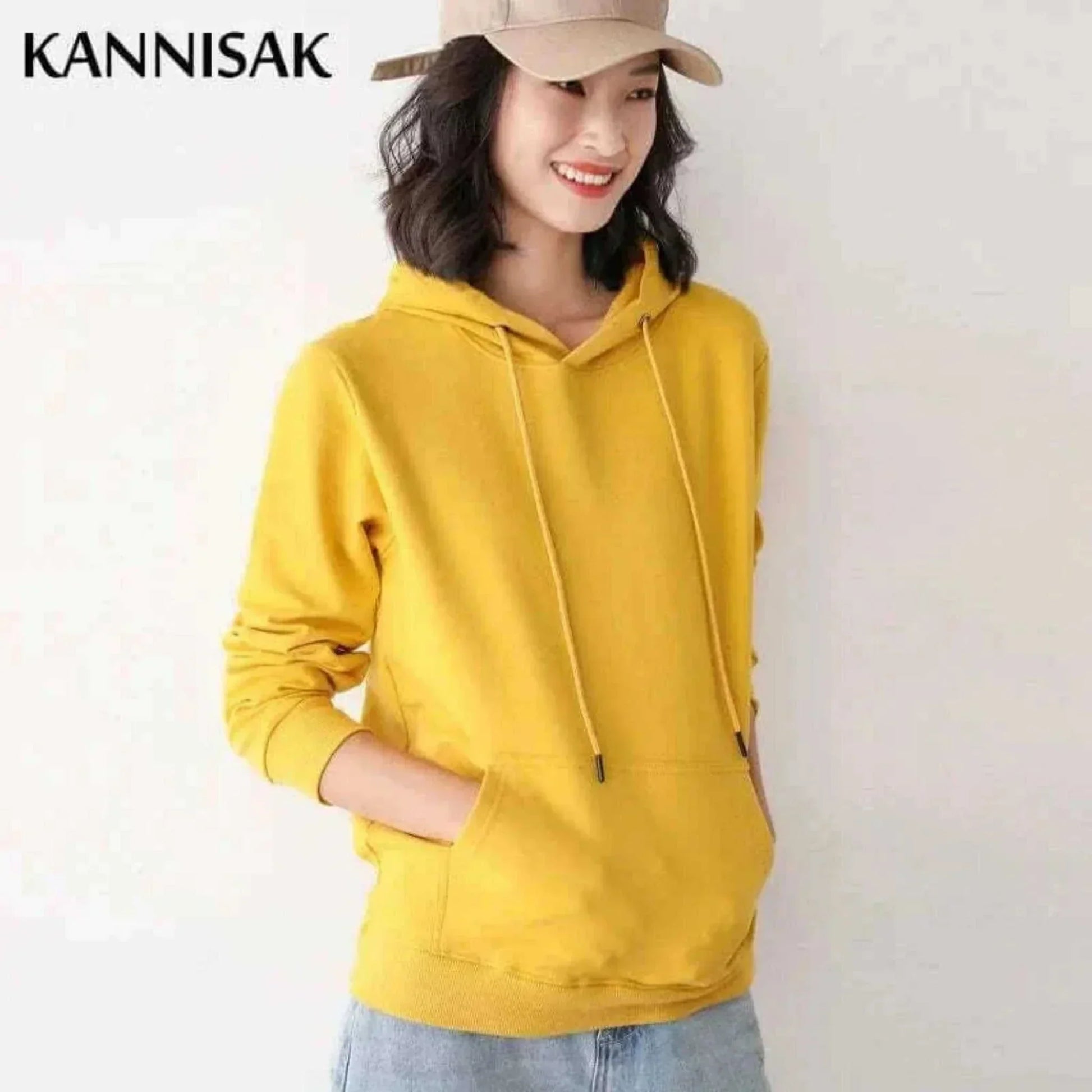 Women Yellow Hoodies 100% Cotton Spring Autumn Loose Long Sleeve.