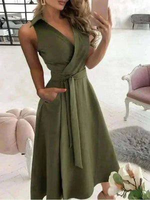 Women Wearing Green Pocket Midi Dress Casual.