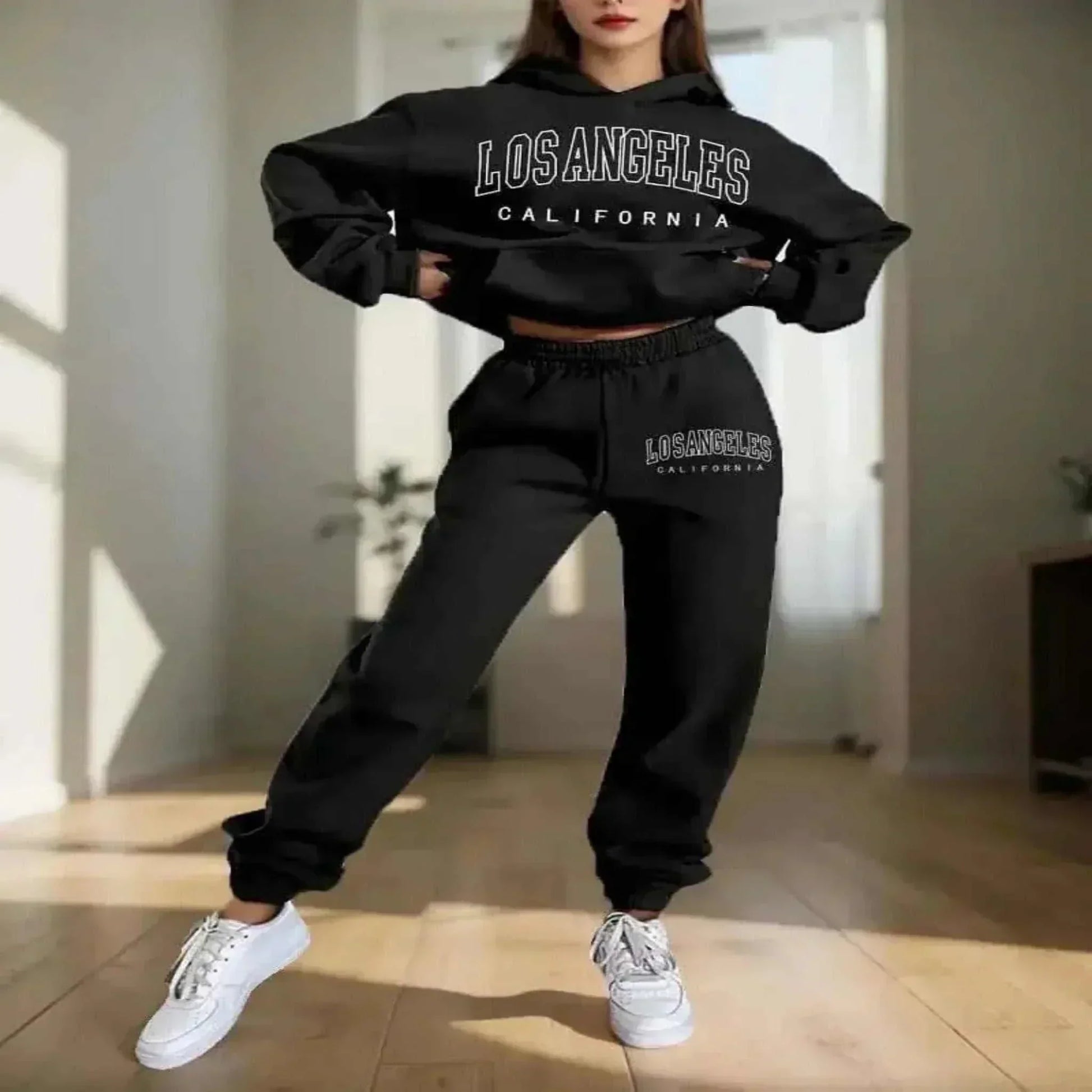 Women's Hoodies Black Two Pieces Sets Fashion Letter Print Pullover Sweatpants