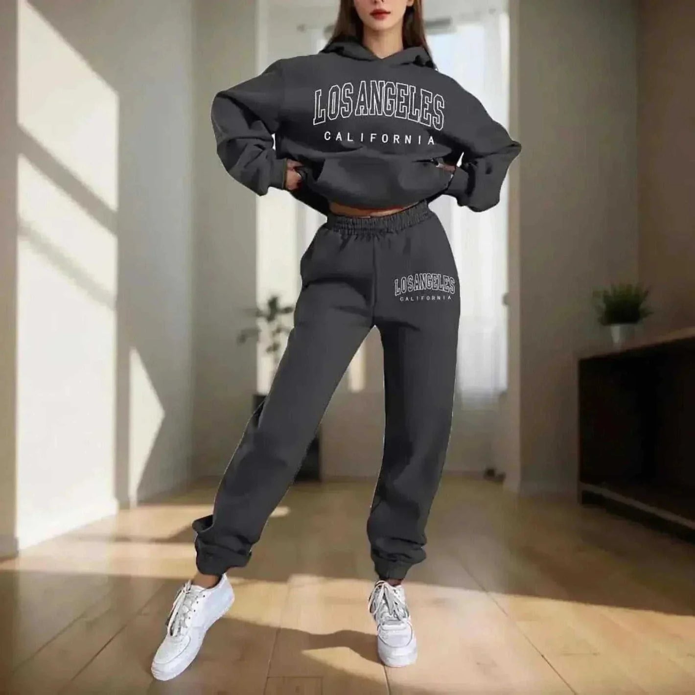 Women's Hoodies Grey Two Pieces Sets Fashion Letter Print Pullover Sweatpants