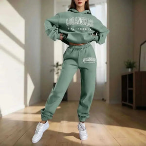 Women's Hoodies Green Two Pieces Sets Fashion Letter Print Pullover Sweatpants