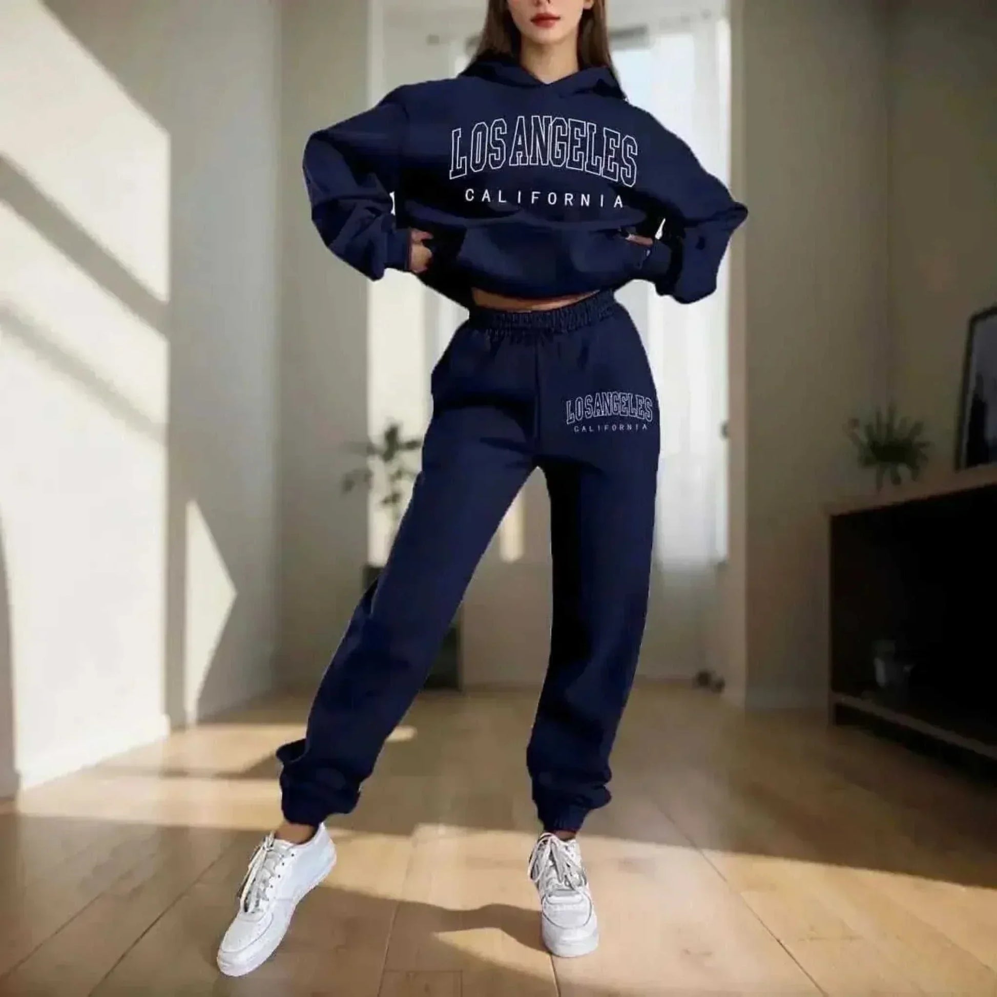 Women's Hoodies Navy Blue Two Pieces Sets Fashion Letter Print Pullover Sweatpants