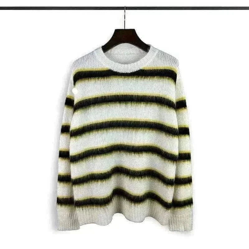 Autumn Winter Round Neck Color Stripe Knit Sweater Mohair Contrast Loose Mens Pullovers Sweaters Oversize Female Clothes Vintage.