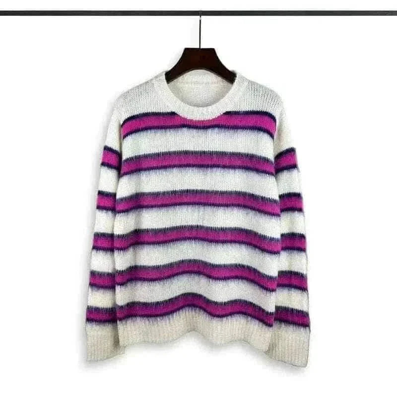 Autumn Winter Round Neck Color Stripe Knit Sweater Mohair Contrast Loose Mens Pullovers Sweaters Oversize Female Clothes Vintage.