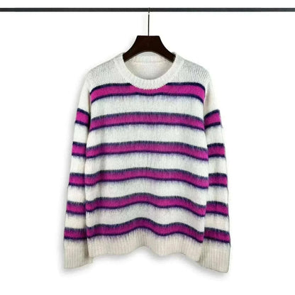 Autumn Winter Round Neck Color Stripe Knit Sweater Mohair Contrast Loose Mens Pullovers Sweaters Oversize Female Clothes Vintage.