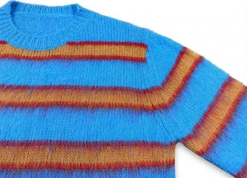 Autumn Winter Round Neck Color Stripe Knit Sweater Mohair Contrast Loose Mens Pullovers Sweaters Oversize Female Clothes Vintage.