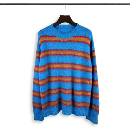 Autumn Winter Round Neck Color Stripe Knit Sweater Mohair Contrast Loose Mens Pullovers Sweaters Oversize Female Clothes Vintage.