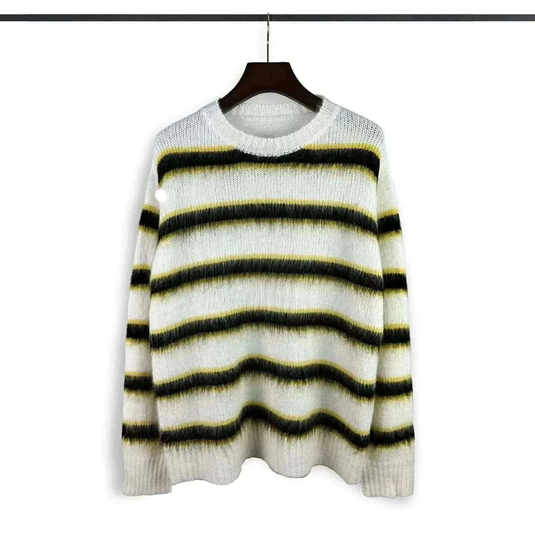 Autumn Winter Round Neck Color Stripe Knit Sweater Mohair Contrast Loose Mens Pullovers Sweaters Oversize Female Clothes Vintage.