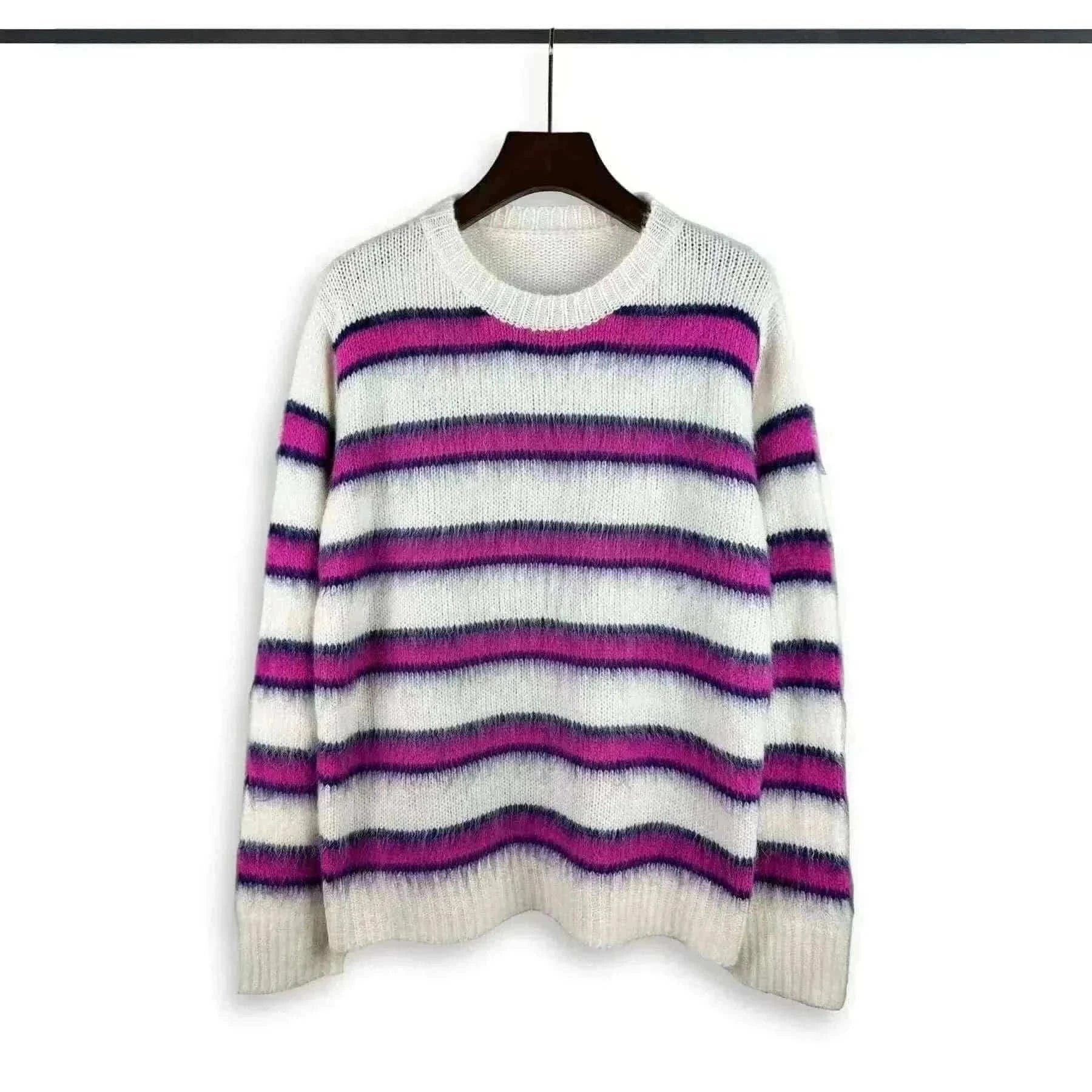 Autumn Winter Round Neck Color Stripe Knit Sweater Mohair Contrast Loose Mens Pullovers Sweaters Oversize Female Clothes Vintage.
