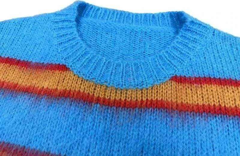 Autumn Winter Round Neck Color Stripe Knit Sweater Mohair Contrast Loose Mens Pullovers Sweaters Oversize Female Clothes Vintage.
