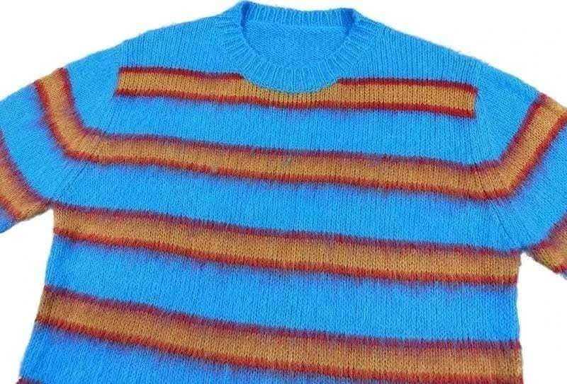Autumn Winter Round Neck Color Stripe Knit Sweater Mohair Contrast Loose Mens Pullovers Sweaters Oversize Female Clothes Vintage.
