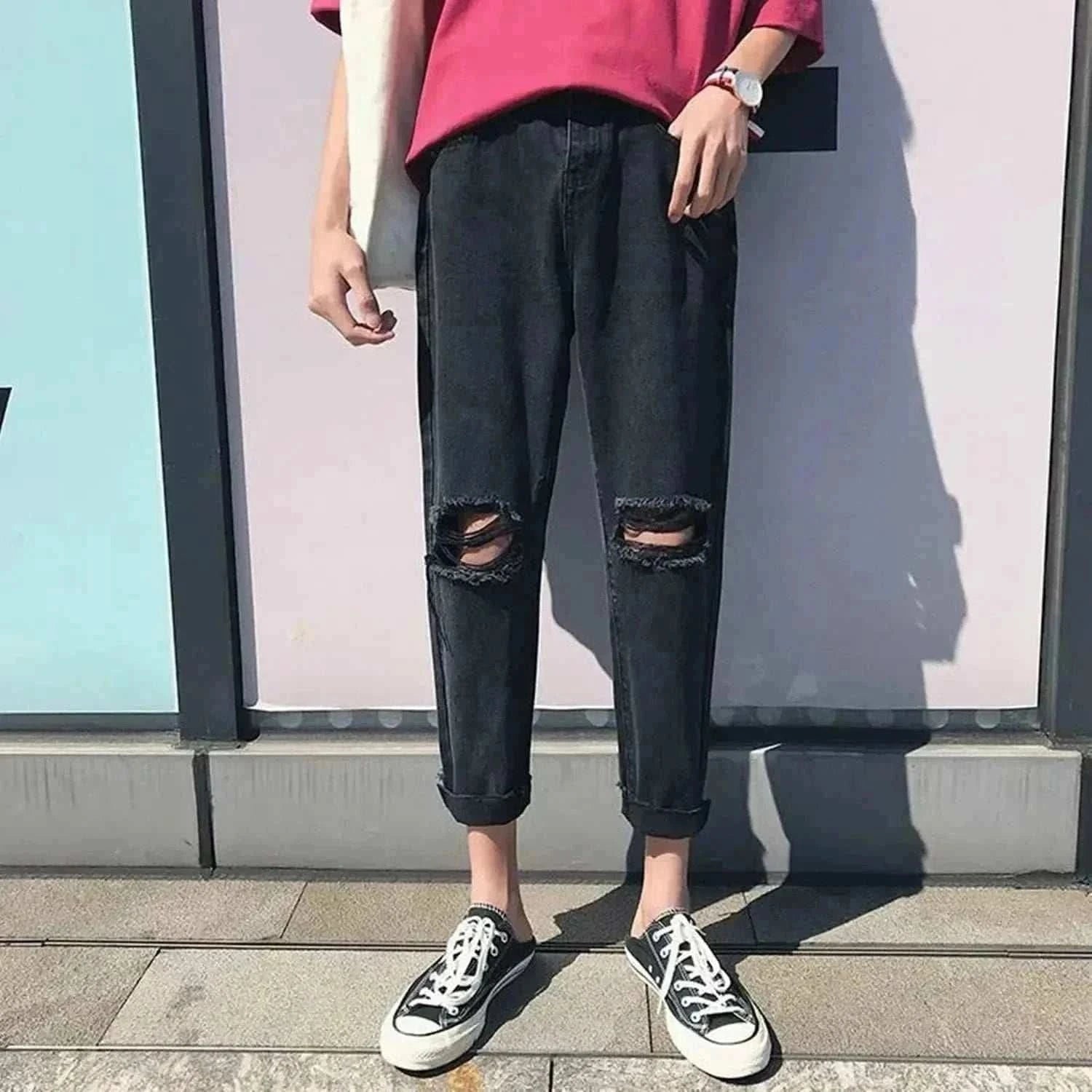 MensFashionStyleStore black / XL 52-60kg / CHINA Black Ripped Jeans Big And Tall