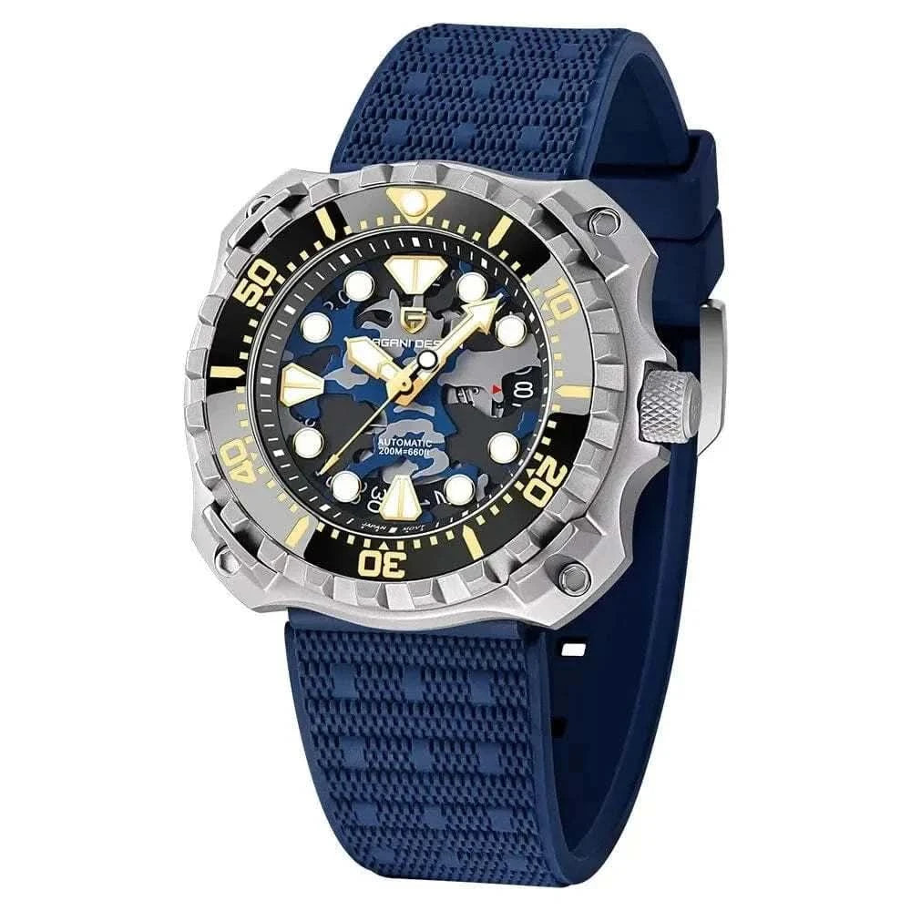 MensFashionStyleStore Blue CAMOUFLAGE HOLLOW DIAL MECHANICAL WATCH