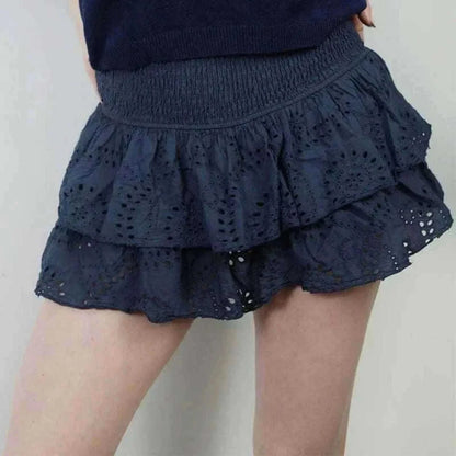 ladies mini skirts - Women Y2K Ruffle Layered Hollow Mini Skirts Smocked A Line Pleated Short Skirts Teen Girls Boho Beach Kawaii Mini Skirts.