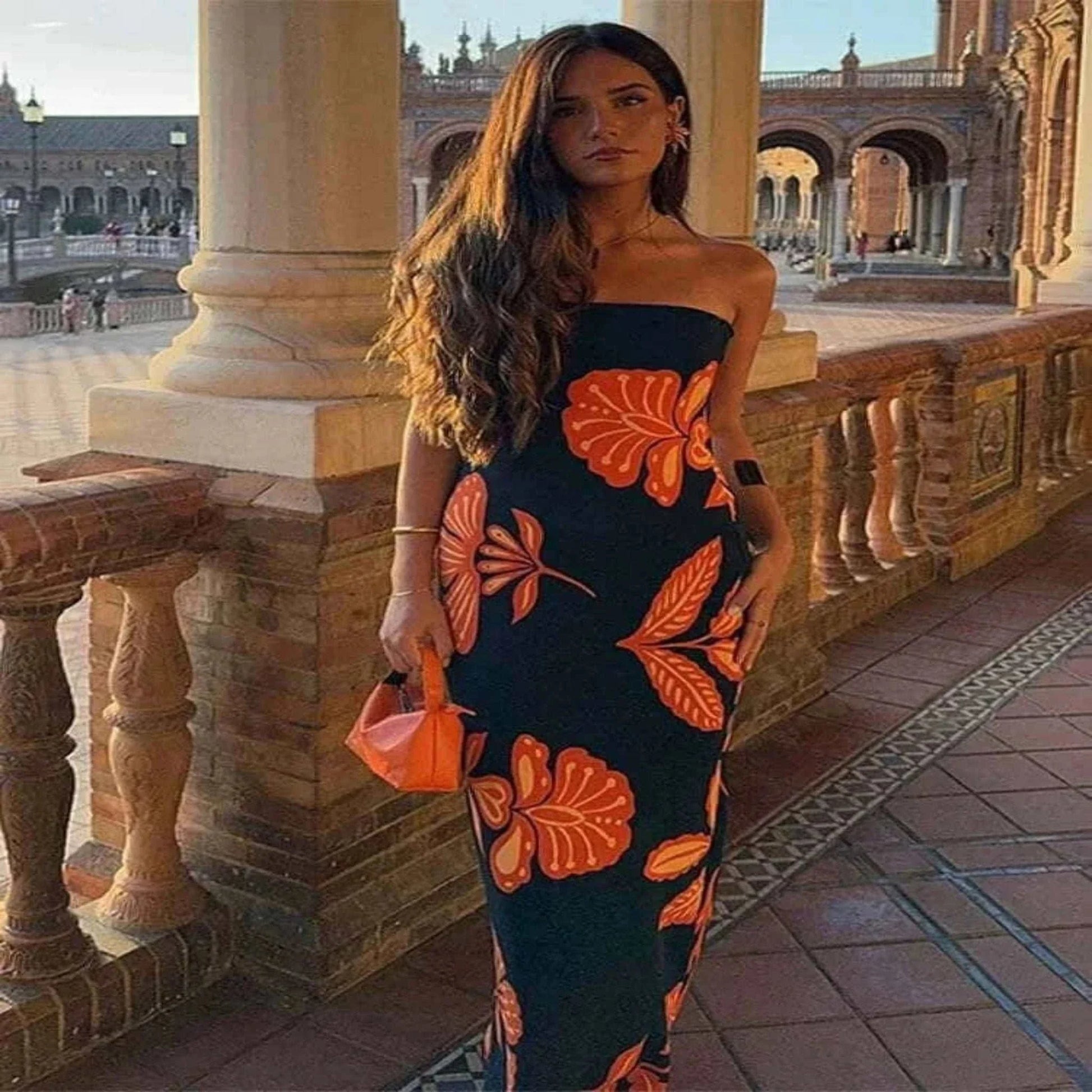 Dresses Online - Strapless Printed Long Dress Women Elegant Sleeveless Backless Waist.