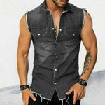sportswear for men-Tank Tops Men Tops Turn Down Collar Tees Sleeveless Loose 2025 Distressed Denim Washed Summer Spliced Covered Button Casual.