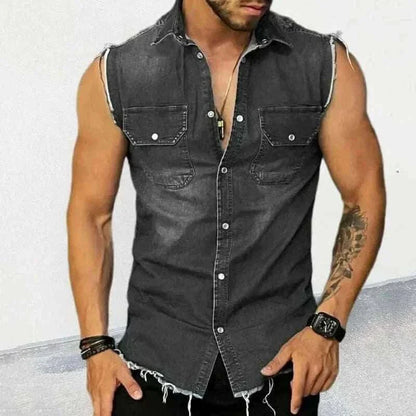 sportswear for men-Tank Tops Men Tops Turn Down Collar Tees Sleeveless Loose 2025 Distressed Denim Washed Summer Spliced Covered Button Casual.