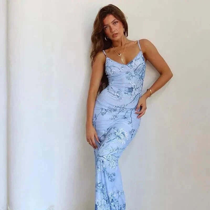 Dresses Online - Floral Print Summer Green Dress Womens Fashion Casual Sleeveless V-neck Backless Tunics Bodycon Holiday Beach Dresses Streetwear.
