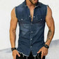 summer t-shirt for men-Tank Tops Men Tops Turn Down Collar Tees Sleeveless Loose 2025 Distressed Denim Washed Summer Spliced Covered Button Casual.