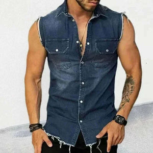 summer t-shirt for men-Tank Tops Men Tops Turn Down Collar Tees Sleeveless Loose 2025 Distressed Denim Washed Summer Spliced Covered Button Casual.