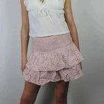ladies mini skirts- Women Y2K Ruffle Layered Hollow Mini Skirts Smocked A Line Pleated Short Skirts Teen Girls Boho Beach Kawaii Mini Skirts.