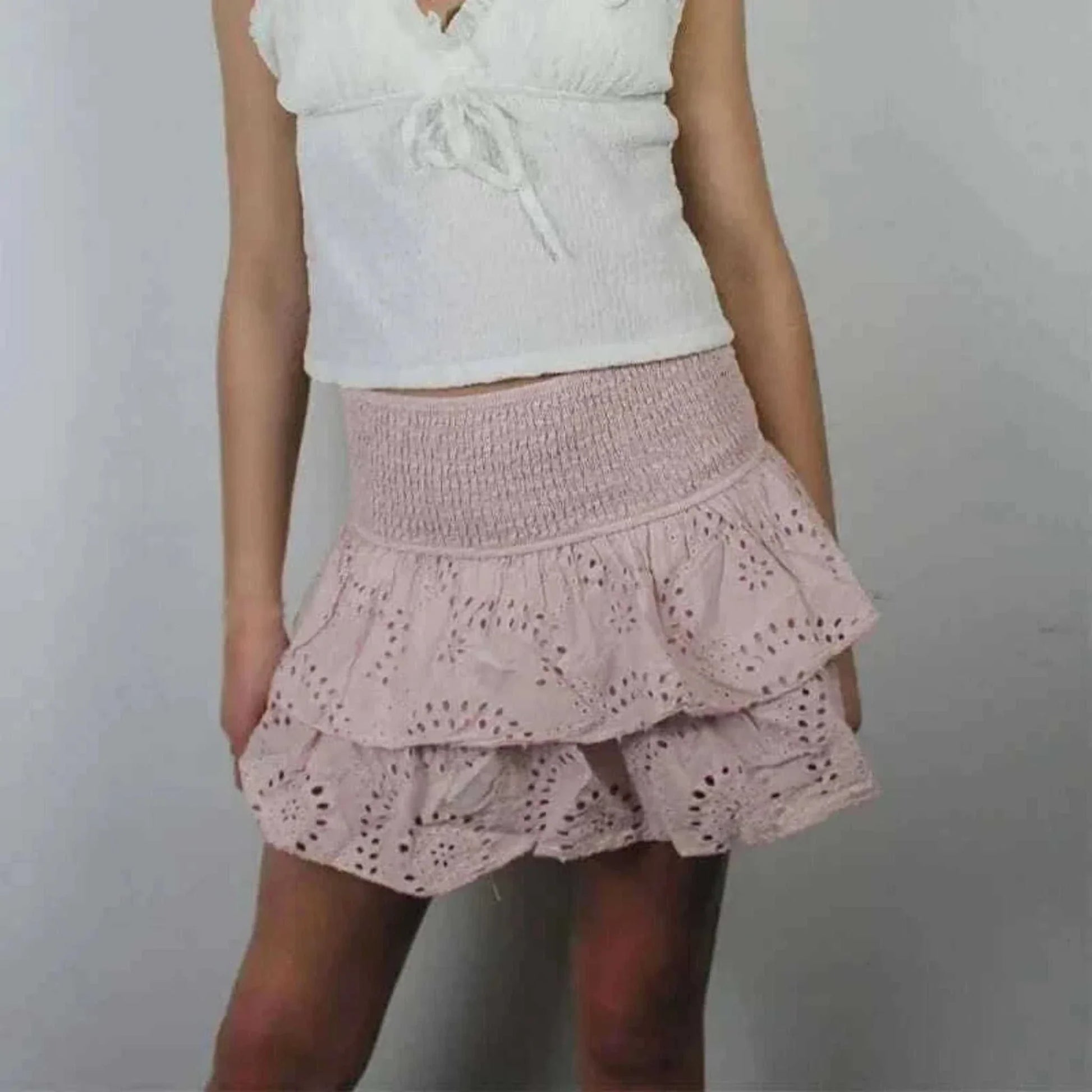 ladies mini skirts- Women Y2K Ruffle Layered Hollow Mini Skirts Smocked A Line Pleated Short Skirts Teen Girls Boho Beach Kawaii Mini Skirts.