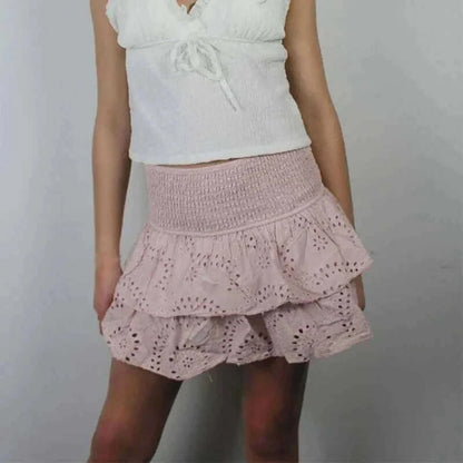 ladies mini skirts- Women Y2K Ruffle Layered Hollow Mini Skirts Smocked A Line Pleated Short Skirts Teen Girls Boho Beach Kawaii Mini Skirts.