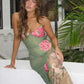 Dresses Online - Floral Print Summer Green Dress Womens Fashion Casual Sleeveless V-neck Backless Tunics Bodycon Holiday Beach Dresses Streetwear.