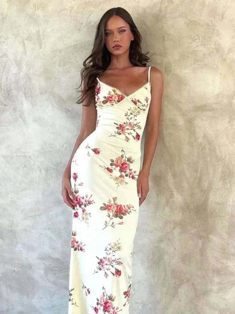 Dresses Online - Floral Print Summer Green Dress Womens Fashion Casual Sleeveless V-neck Backless Tunics Bodycon Holiday Beach Dresses Streetwear.