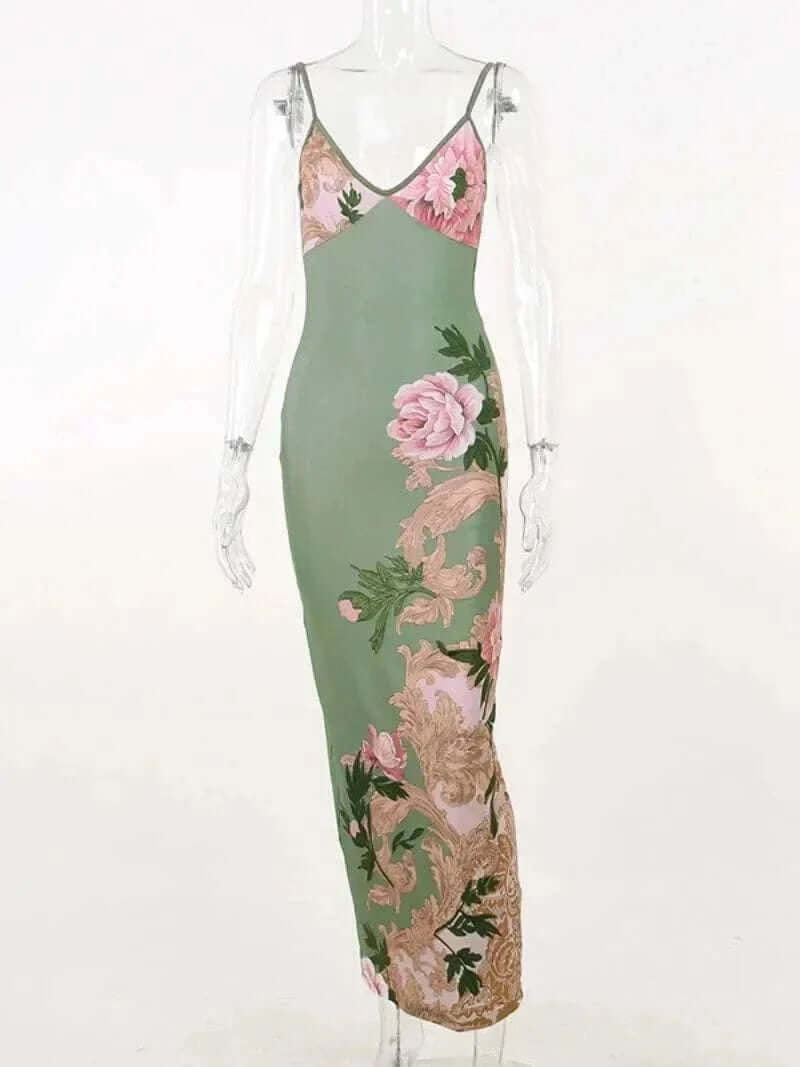 Dresses Online - Floral Print Summer Green Dress Womens Fashion Casual Sleeveless V-neck Backless Tunics Bodycon Holiday Beach Dresses Streetwear.
