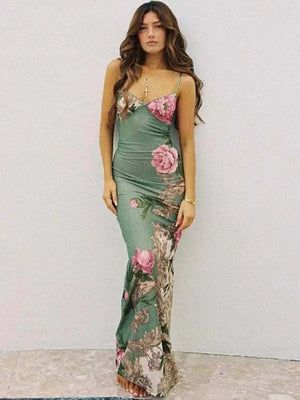 Dresses Online - Floral Print Summer Green Dress Womens Fashion Casual Sleeveless V-neck Backless Tunics Bodycon Holiday Beach Dresses Streetwear