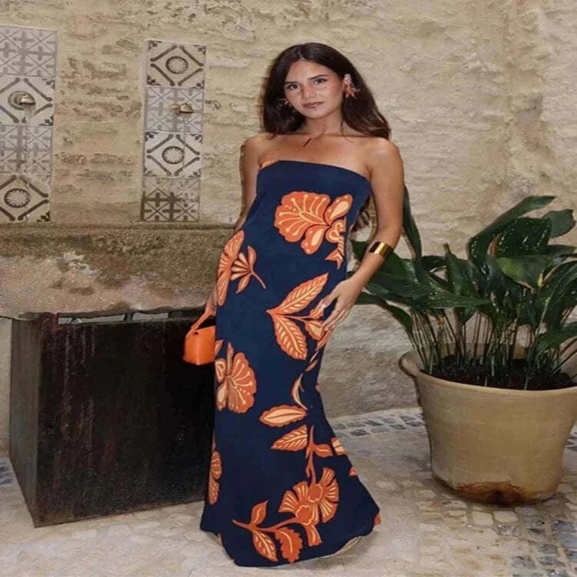 Informal Dresses - Strapless Printed Long Dress Women Elegant Sleeveless Backless Waist.