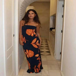 Informal Dresses - Strapless Printed Long Dress Women Elegant Sleeveless Backless Waist.