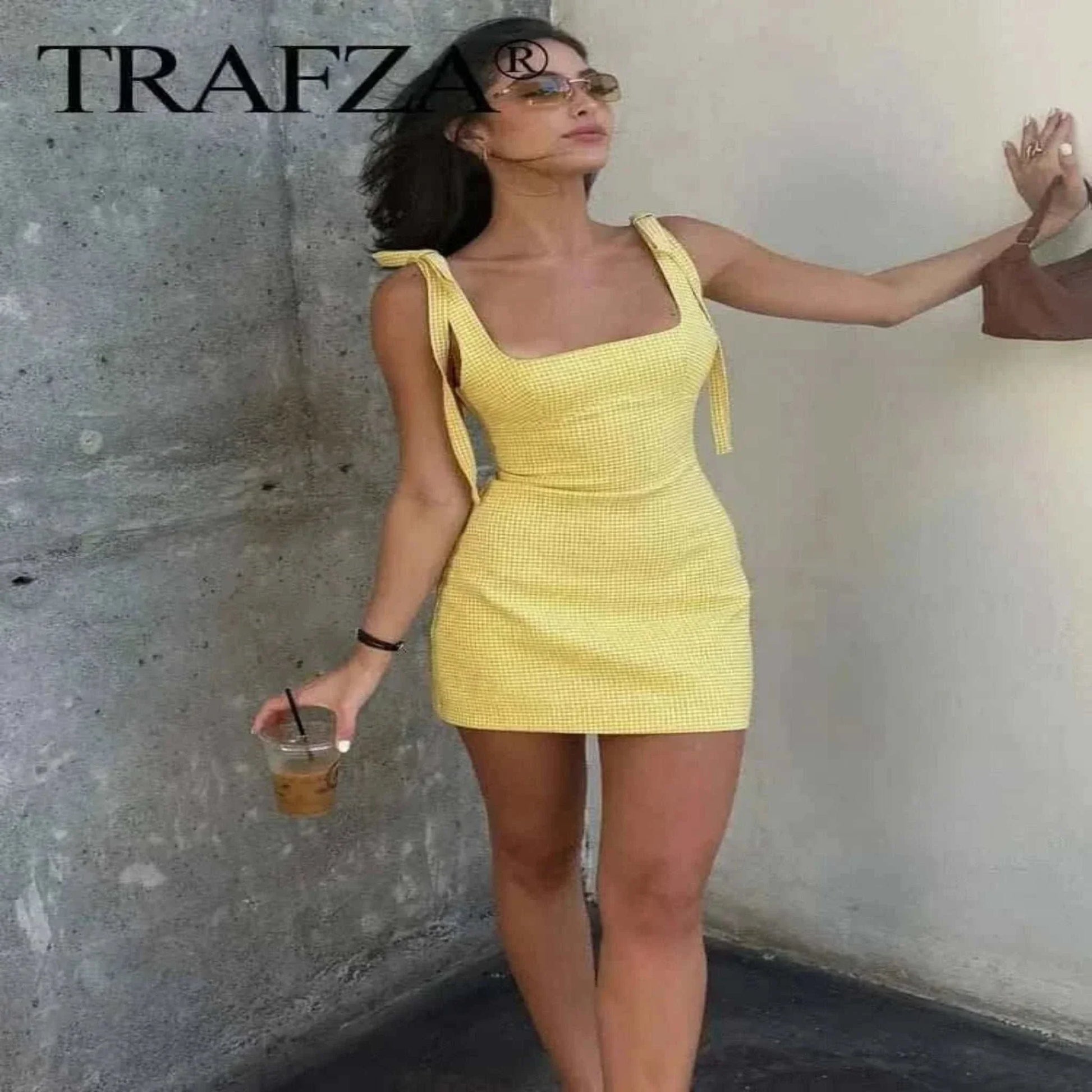 Informal Dresses - TRAFZA 2025 Fashion Women's Yellow Plaid Sling Dress Summer Female Square Collar Sleeveless Backless Bow Decoration Mini Dress.