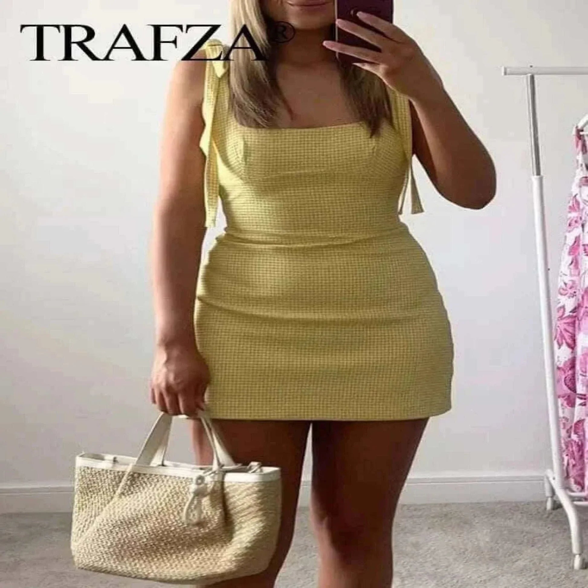 Informal Dresses - TRAFZA 2025 Fashion Women's Yellow Plaid Sling Dress Summer Female Square Collar Sleeveless Backless Bow Decoration Mini Dress.