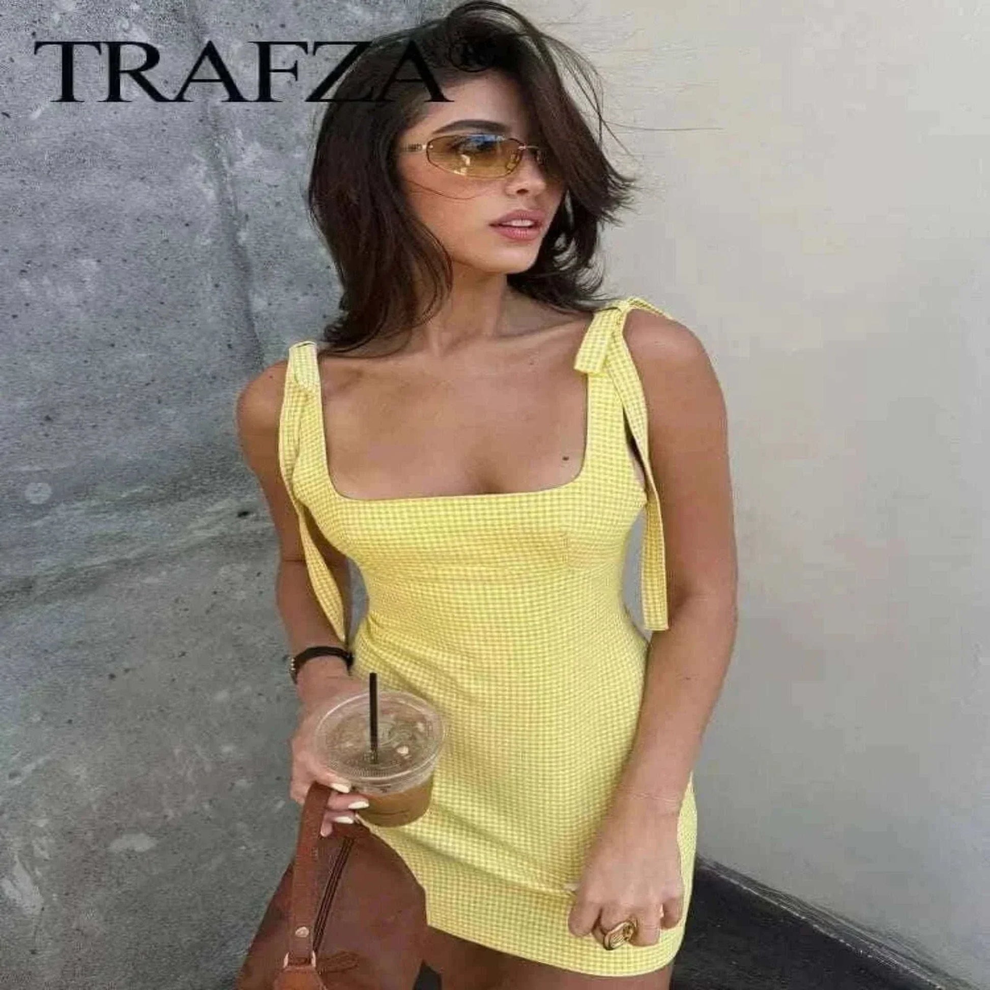 Informal Dresses - TRAFZA 2025 Fashion Women's Yellow Plaid Sling Dress Summer Female Square Collar Sleeveless Backless Bow Decoration Mini Dress.
