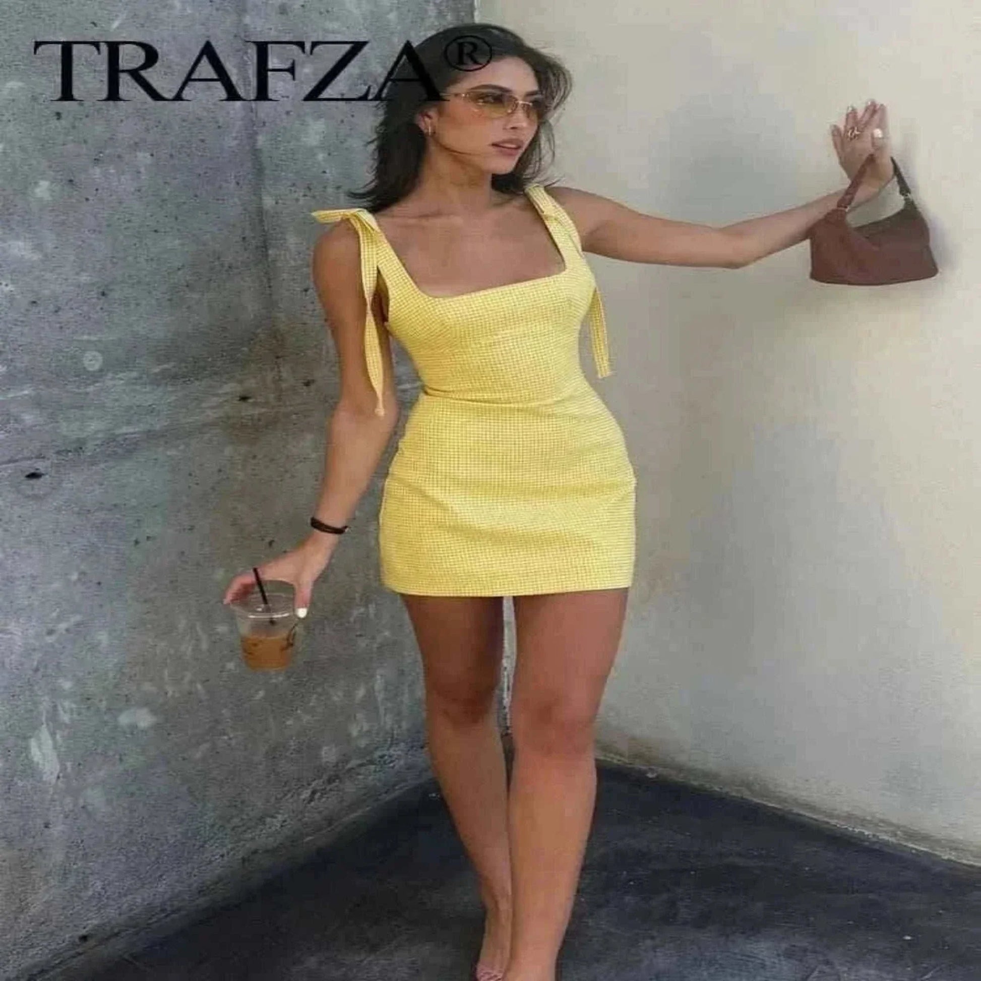 Informal Dresses - TRAFZA 2025 Fashion Women's Yellow Plaid Sling Dress Summer Female Square Collar Sleeveless Backless Bow Decoration Mini Dress.
