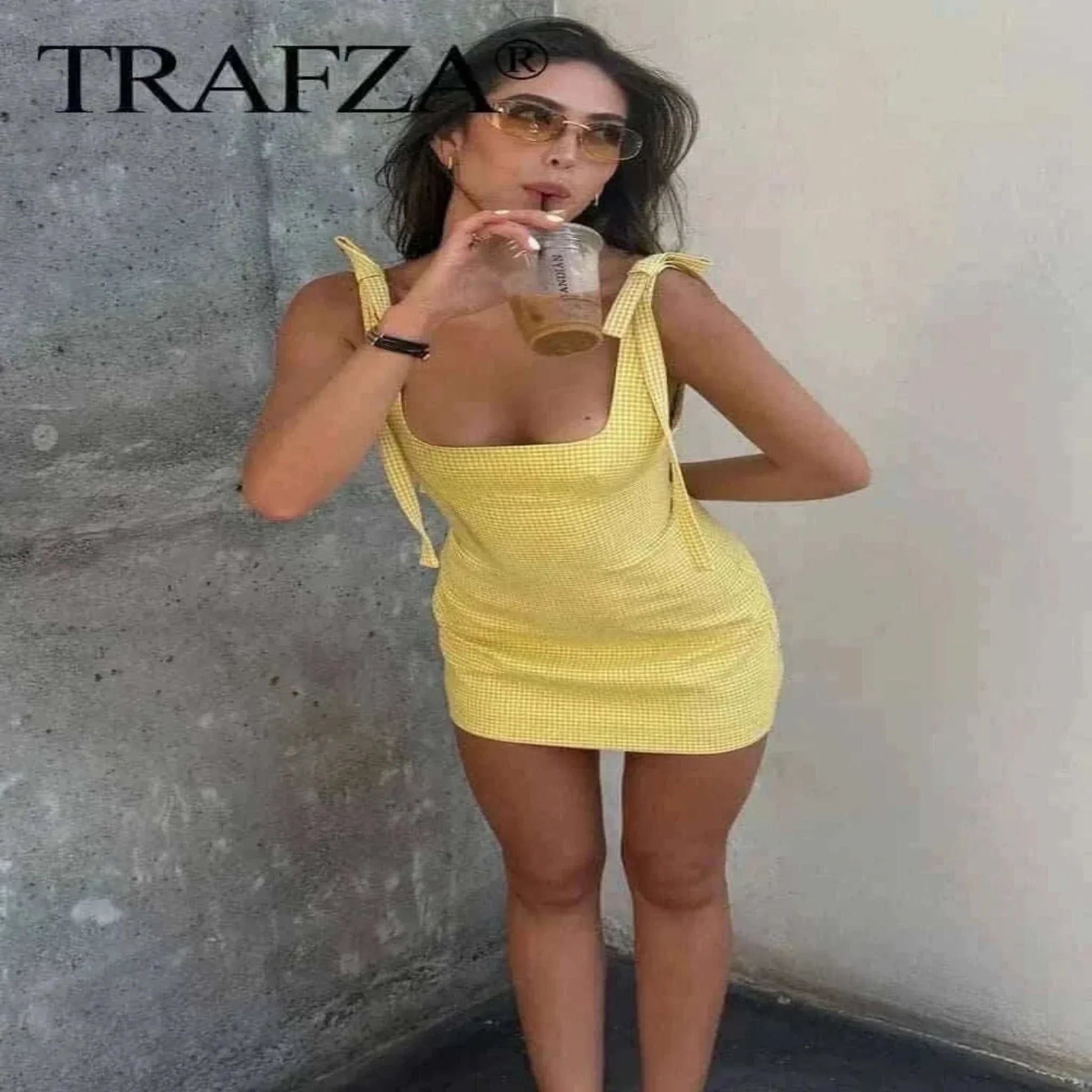 Informal Dresses  - TRAFZA 2025 Fashion Women's Yellow Plaid Sling Dress Summer Female Square Collar Sleeveless Backless Bow Decoration Mini Dress.