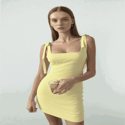 Informal Dresses - TRAFZA 2025 Fashion Women's Yellow Plaid Sling Dress Summer Female Square Collar Sleeveless Backless Bow Decoration Mini Dress.